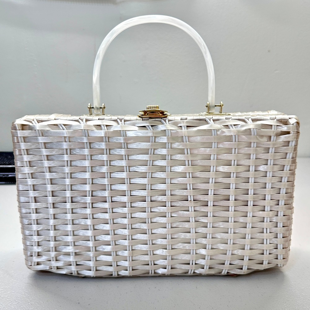 Vintage Gary Gail Woven Wicker Box Purse Pearlescent Cream Lucite Handle